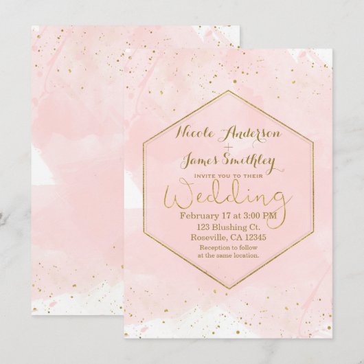Blush Roze & Gouden Splatter Moderne Bruiloft Kaart (Voorkant / Achterkant)