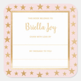 Blush roze gouden sterren baby shower boekenplaat vierkante sticker