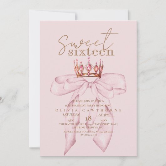 Blush Roze & Gouden Sweet 16 Boog Kroon Verjaardag Kaart (Voorkant)