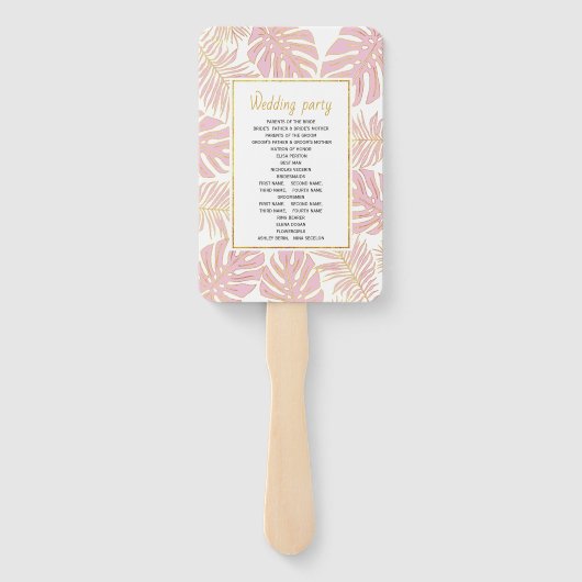Blush roze, gouden tropische bladeren bruiloft pro handwaaier (Achterkant)