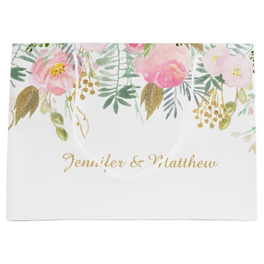 Blush Roze Gouden Waterverf Bloemen GROTE Gift Bag Groot Cadeauzakje (Voorkant)