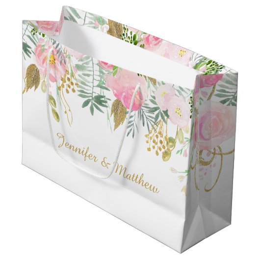 Blush Roze Gouden Waterverf Bloemen GROTE Gift Bag Groot Cadeauzakje (Voorkant Gekanteld)