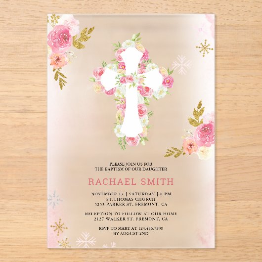 Blush roze gouden Waterverf bloemendoop Acryl Uitnodigingen (Voorkant)