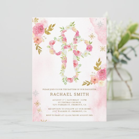 Blush roze gouden Waterverf bloemendoop Kaart (Staand voorkant)