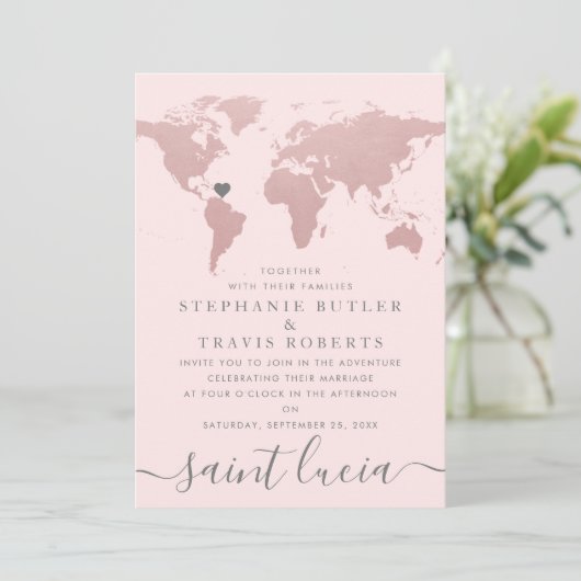 Blush Roze Gouden Wereldkaart Reis Thema Trouwdag Kaart (Staand voorkant)