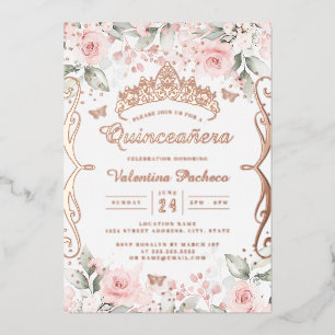 Blush Roze Goudkleurige Quinceanera Folie Uitnodiging