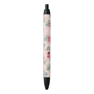 Blush roze   Grafische Waterverf Floral Monogram Zwarte Inkt Pen