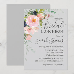 Blush Roze & Gray Floral Bouquet Bridal Luncheon Kaart