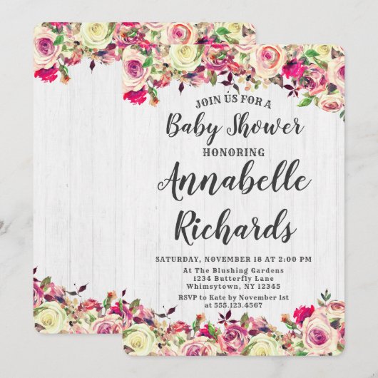 Blush Roze & Green Roos Baby shower Invitation Kaart (Voorkant / Achterkant)