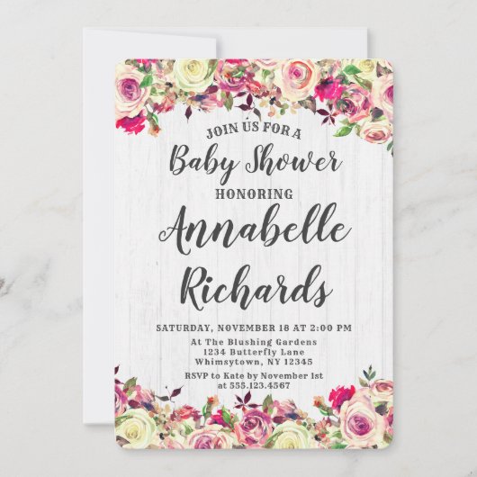 Blush Roze & Green Roos Baby shower Invitation Kaart (Voorkant)
