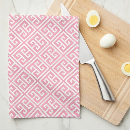 Blush roze Grieks sleutelpatroon Theedoek (Quarter Fold)