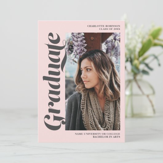 Blush roze grijs afstuderen script foto afstuderen kaart (Staand voorkant)