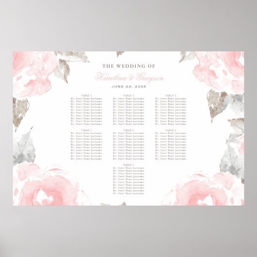 Blush Roze Grijs Aquarel Roos Bruiloftstoewijzing Poster (Voorkant)