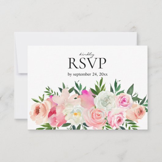 Blush Roze & Grijs Bloemen met Maaltijd Bruiloft RSVP Kaartje (Voorkant)