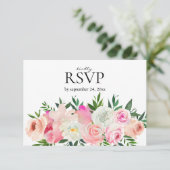 Blush Roze & Grijs Bloemen met Maaltijd Bruiloft RSVP Kaartje (Staand voorkant)