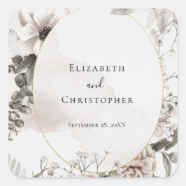 Blush Roze Grijs Bloemen Waterverf Bruiloft Vierkante Sticker