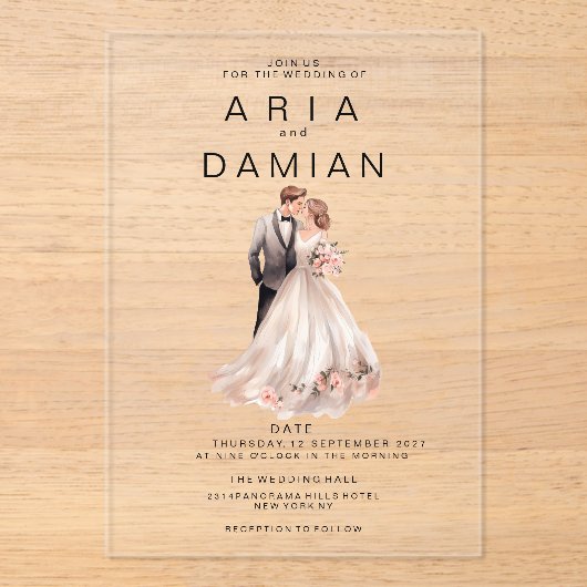 Blush roze grijs bloemenpaar foto Bruiloft Acryl Uitnodigingen (Voorkant)