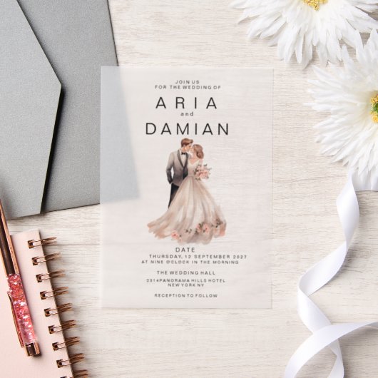 Blush roze grijs bloemenpaar foto Bruiloft Vellum Uitnodigingen (Huwelijk)