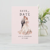 Blush roze grijs bloemenpaar foto Save the Date Kaart (Staand voorkant)