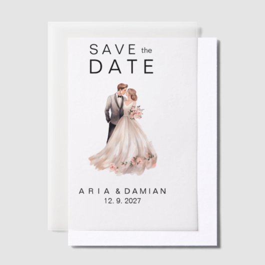 Blush roze grijs bloemenpaar foto Save the Date Vellum Uitnodigingen (Offset)