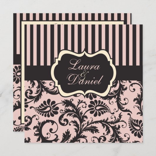 Blush roze, grijs, crème gestreept Damast uitnodig Kaart (Voorkant / Achterkant)