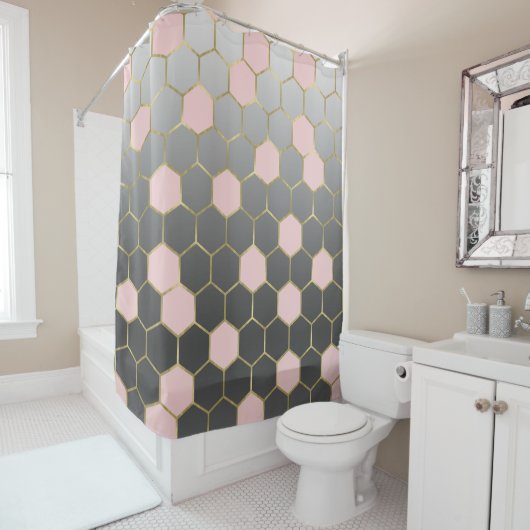 Blush Roze grijs & Gold Hexagon Modern Glam Douchegordijn (In situ)