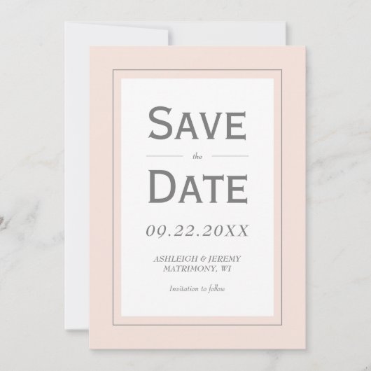 Blush roze grijs Modern Minimalistisch Verticaal Save The Date (Voorkant)