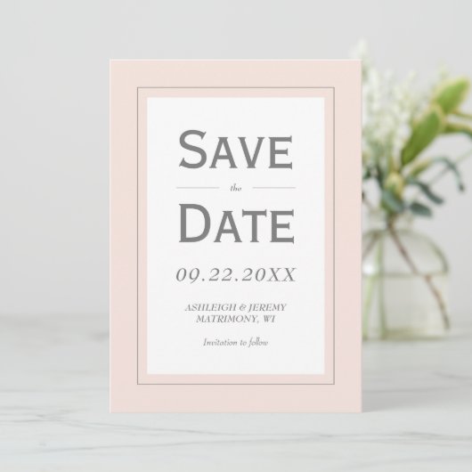 Blush roze grijs Modern Minimalistisch Verticaal Save The Date (Staand voorkant)
