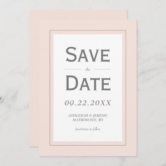 Blush roze grijs Modern Minimalistisch Verticaal Save The Date (Voorkant / Achterkant)
