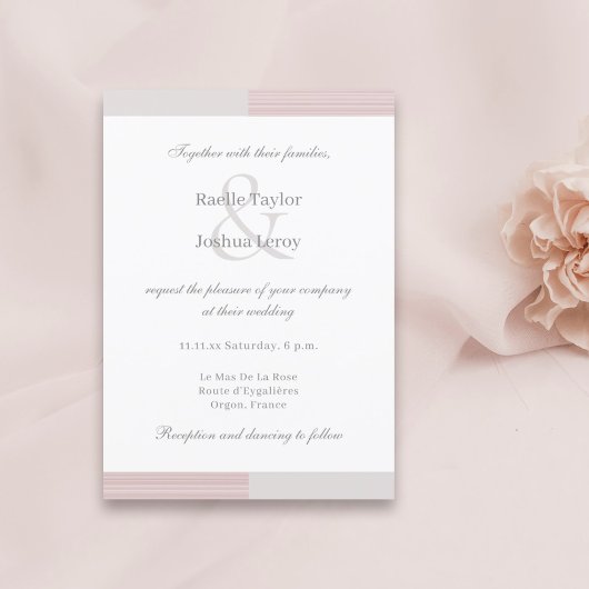 Blush Roze Grijs Witte Strepen Ampersand Wedding Kaart