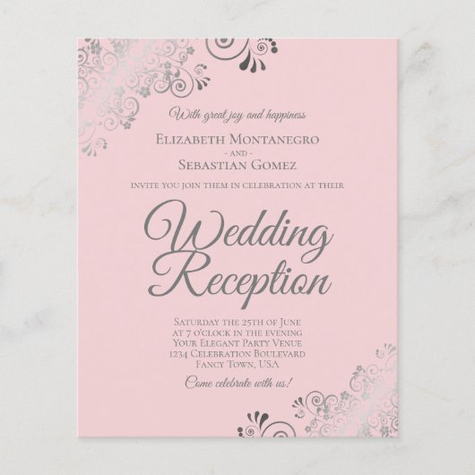 Blush roze & grijze BUDGET bruiloft Ontvang uitnod (Voorkant)