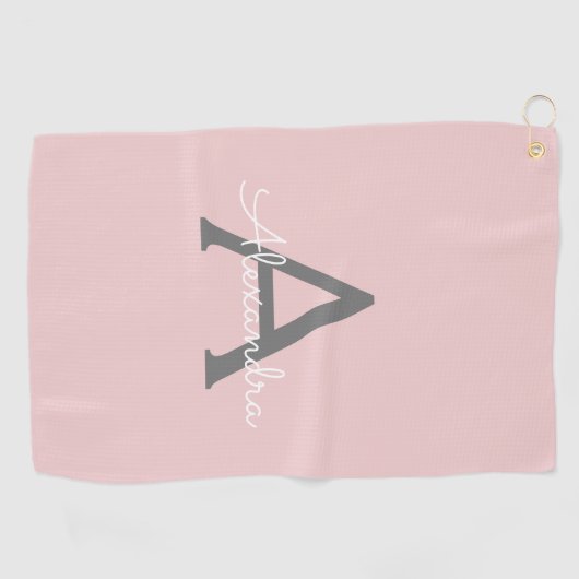 Blush roze grijze moderne meisjesmonogram golfhanddoek (Horizontaal)