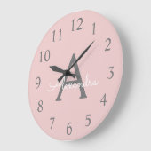 Blush roze grijze moderne meisjesmonogram grote klok (Hoek)