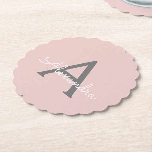Blush roze grijze moderne meisjesmonogram kartonnen onderzetters (Gekanteld)