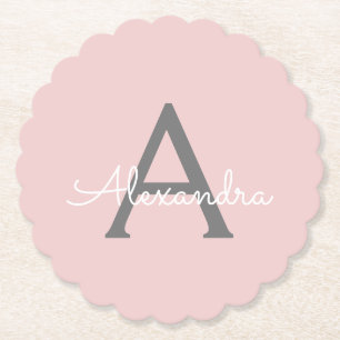 Blush roze grijze moderne meisjesmonogram kartonnen onderzetters