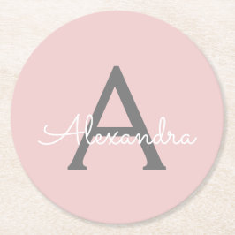 Blush roze grijze moderne meisjesmonogram ronde kartonnen onderzetter
