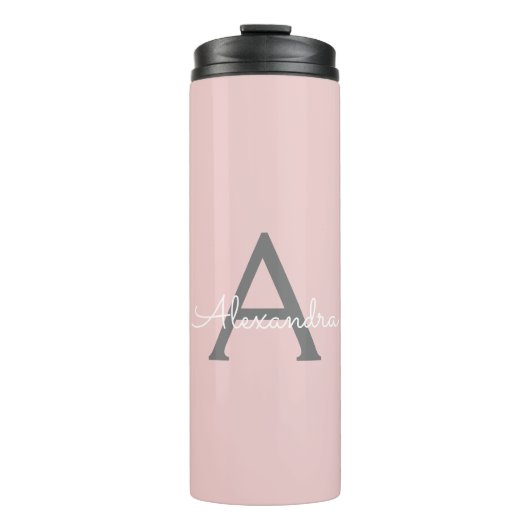 Blush roze grijze moderne meisjesmonogram thermosbeker (Voorkant)