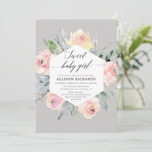 Blush roze grijze waterverf baby shower kaart (Staand voorkant)