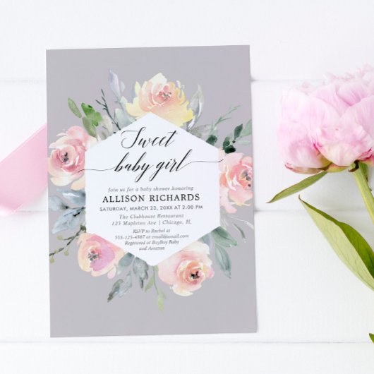 Blush roze grijze waterverf baby shower kaart