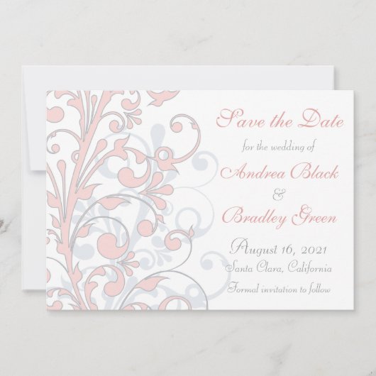 Blush roze, grijze, witte bruiloft sparen de datum save the date (Voorkant)