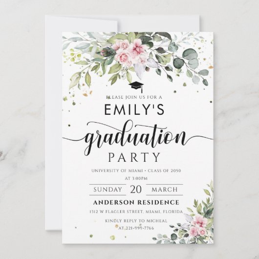 Blush Roze Groen Afstudeerfeest Uitnodiging (Voorkant)