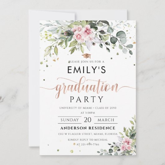 Blush Roze Groen Afstudeerfeest Uitnodiging (Voorkant)