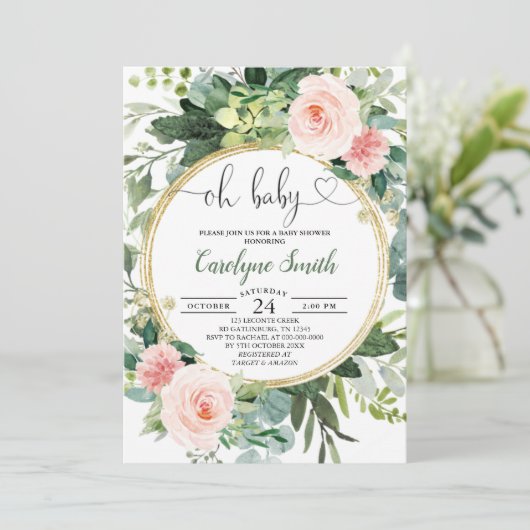 Blush Roze groen Baby shower Oh Baby Girl Kaart (Staand voorkant)