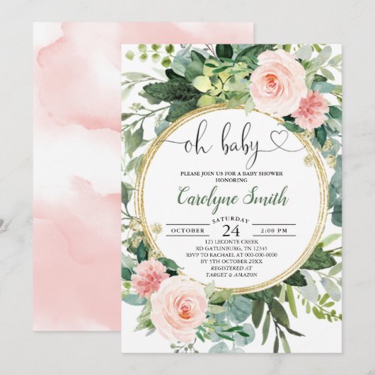 Blush Roze groen Baby shower Oh Baby Girl Kaart (Voorkant / Achterkant)