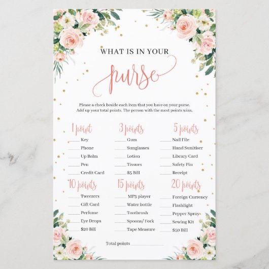 Blush roze groen baby shower purse game (Voorkant)