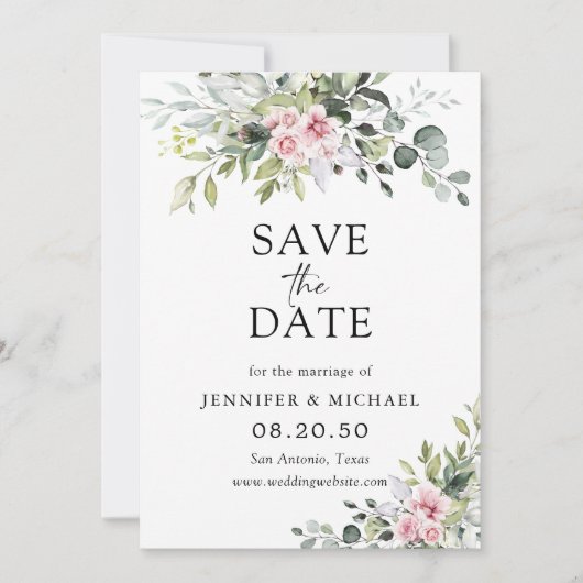 Blush roze groen Bewaar de datumkaarten Save The Date (Voorkant)