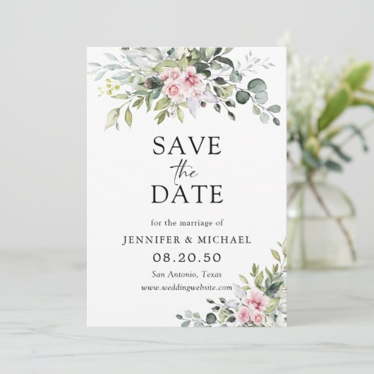 Blush roze groen Bewaar de datumkaarten Save The Date (Staand voorkant)