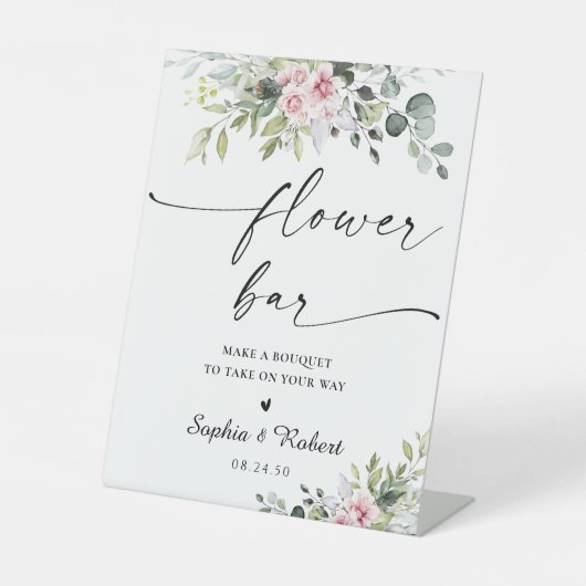 Blush Roze groen Bloem Bar Teken Reclamebord Met Voetstuk (Voorkant)