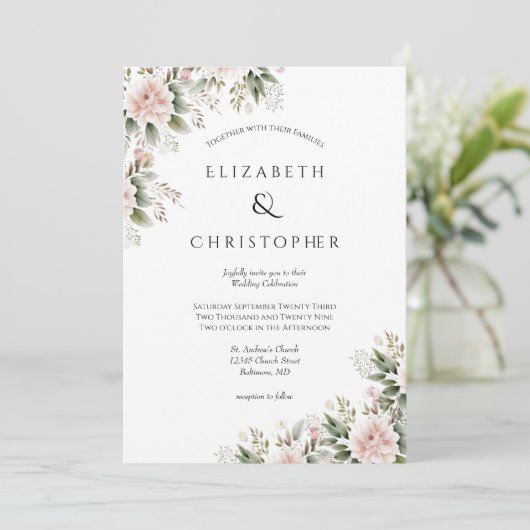 Blush roze groen bloemenelegante bruiloft kaart (Staand voorkant)