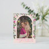 Blush Roze Groen Boog Kerstmis Foto Vakantie Briefkaart (Staand voorkant)